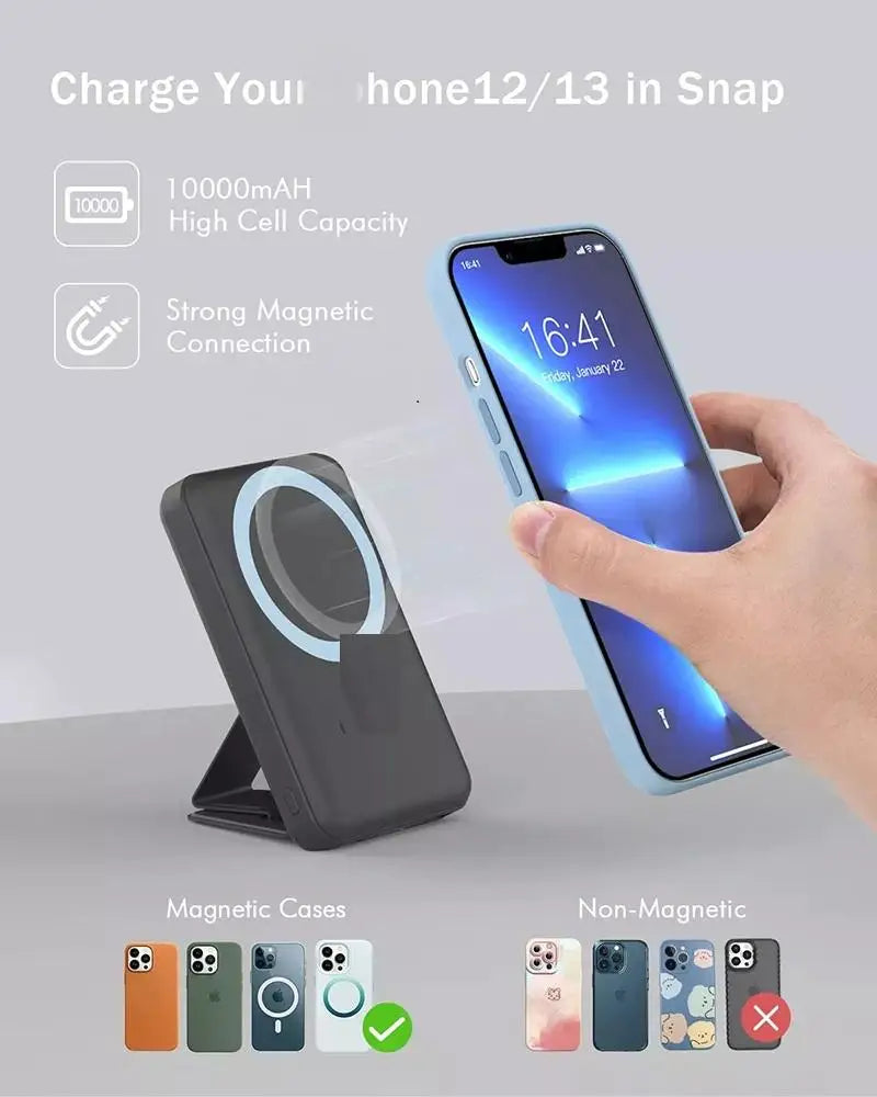 10000mAh  Holder Magnetic Power Bank with Type-C Cable LED Display 22.5W PD Fast Charging Wireless Portable Charger for iPhone